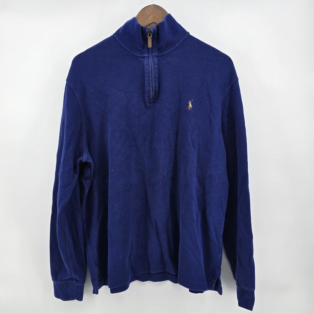 Polo Ralph Lauren Quarter Zip Pullover Mens‎ L Blue Estate Rib Cotton Flesh Pony